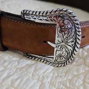 Tony Lama Brown Leather Belt with Silver Western Buckle
